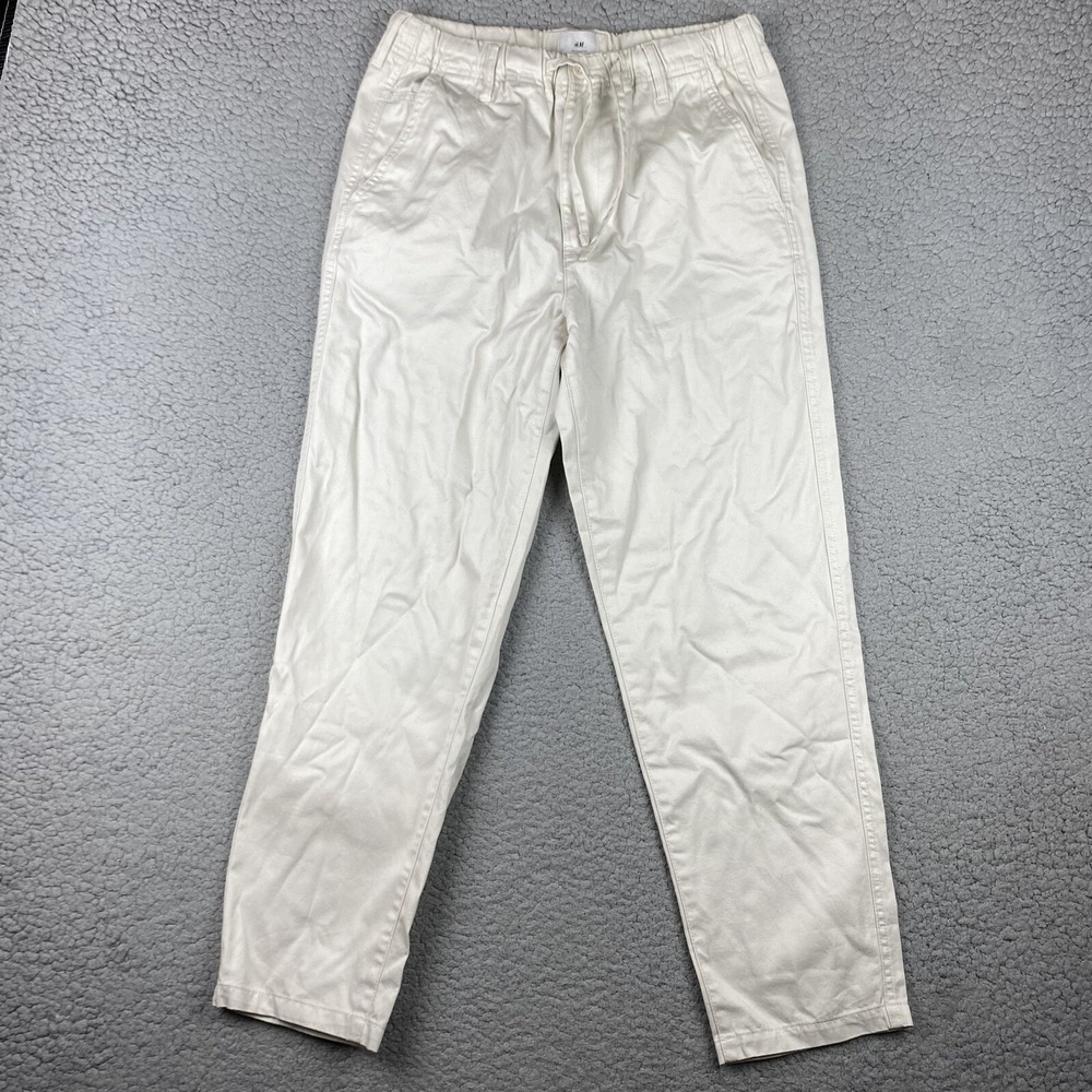H&M Mens Pants Beige S Relaxed Fit Elastic Waist Drawstring Cotton Comfort
